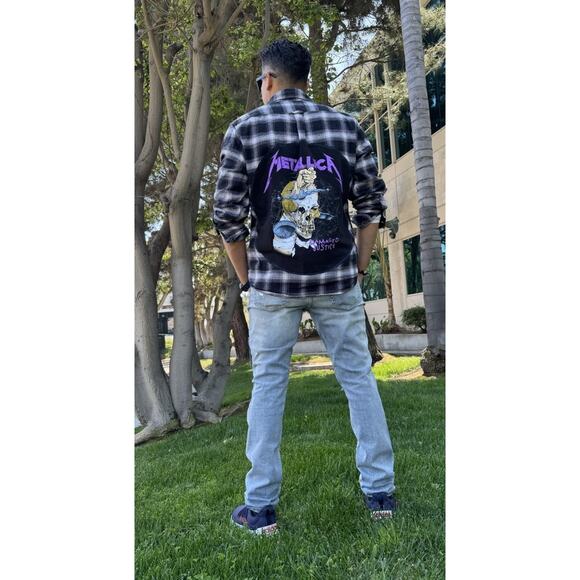 METALLICA Damaged Justice 90s Upcycled Retro Vintage Plaid Flannel Shirt Men’s L - Picture 1 of 9